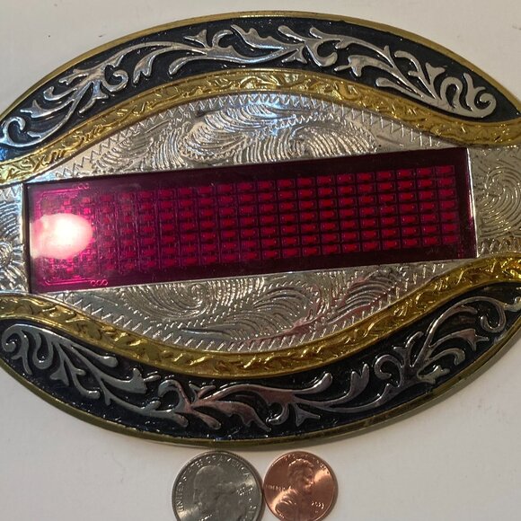 Vintage Metal Belt Buckle, Giant Size, Silver and Brass, Batteries, Nice Western
